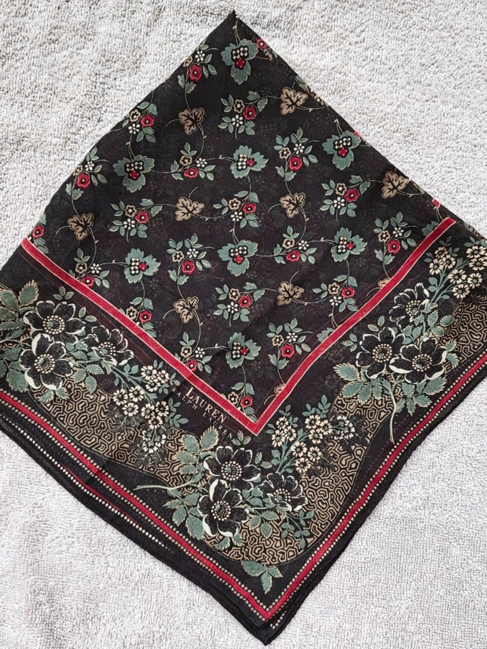 Vintage Ralph Lauren Scarf Bandana 20" Silky Chiffon Brown Red Floral Strawberry